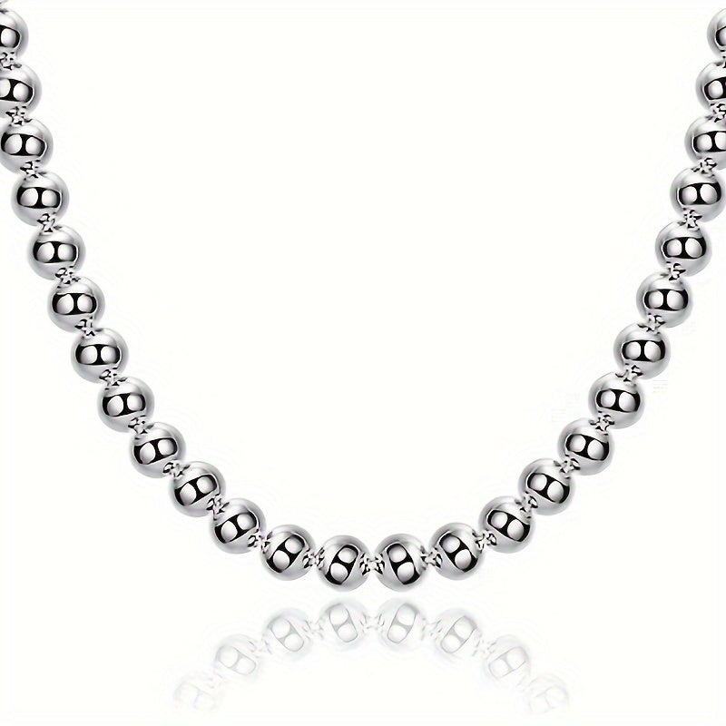 Retro-chic 925 Sterling Silver Beaded Necklace - Featuring 8mm Hollow Beads, Sophisticated Unplated Jewelry, Ideal for Everyday Wear and Gift-Giving, Great for Mardi Gras Celebrations, Suitable for any Season