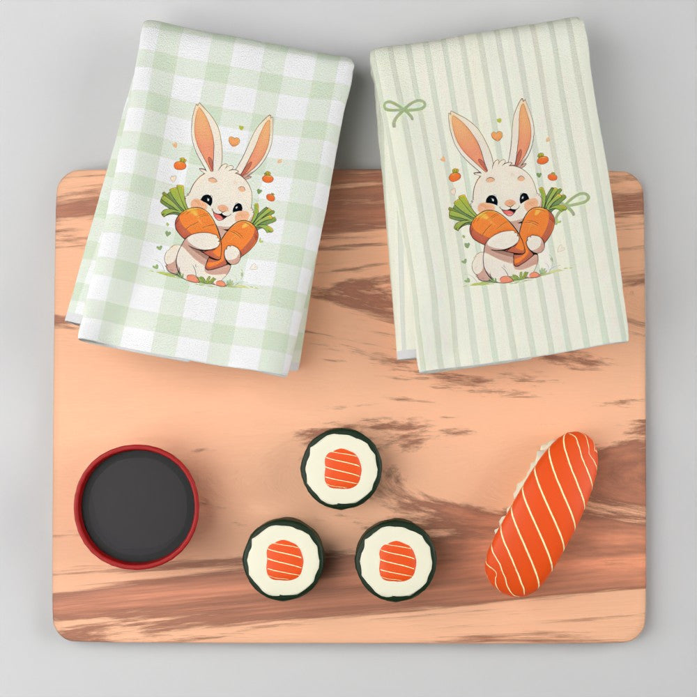 Two pieces of high-quality tea towels featuring a rabbit and carrot design, measuring 45.72x66.04cm. Made of soft, quick-dry polyester, these towels are highly absorbent and machine washable. The modern design boasts vibrant colors, making them ideal for