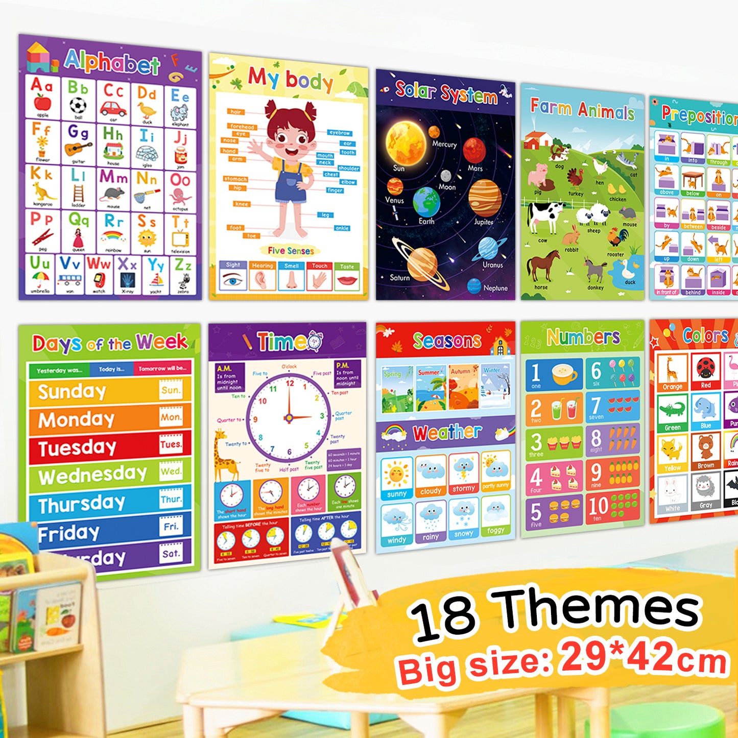 Print Painting with 18 Themes, Early English A3 Big Cards for Kindergarten Classroom Decor