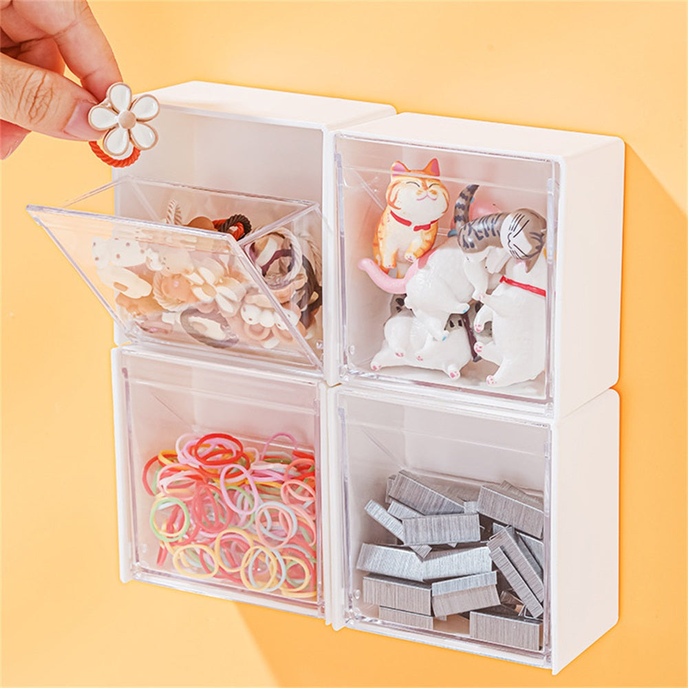 Wall-mounted cotton pads holder dispenser for organizing cotton balls, floss, hairpins, rubber bands, and clips.