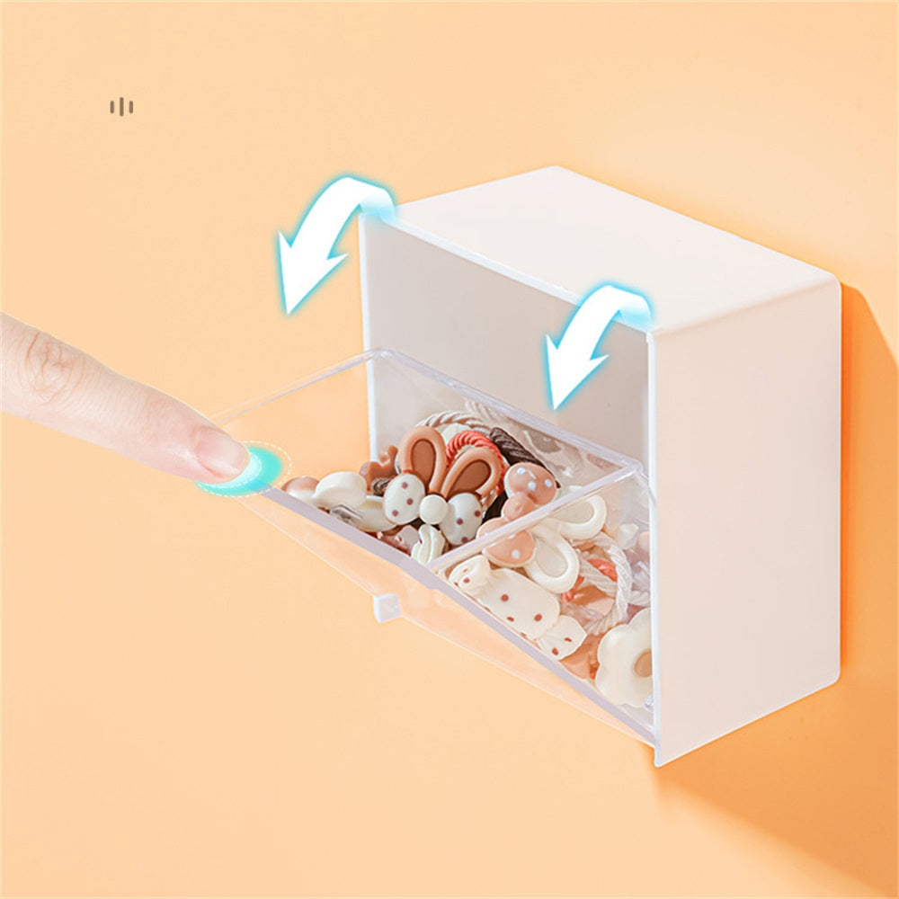 Wall-mounted cotton pads holder dispenser for organizing cotton balls, floss, hairpins, rubber bands, and clips.