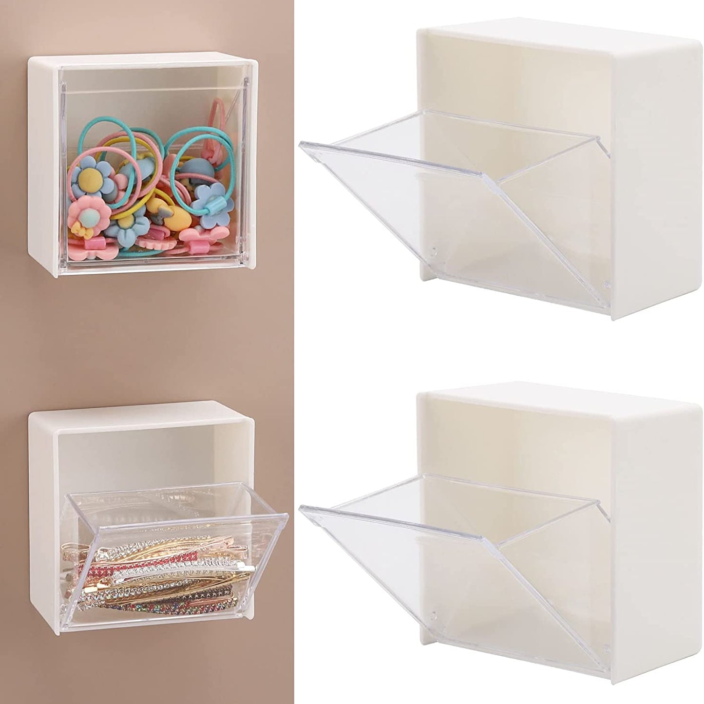 Wall-mounted cotton pads holder dispenser for organizing cotton balls, floss, hairpins, rubber bands, and clips.