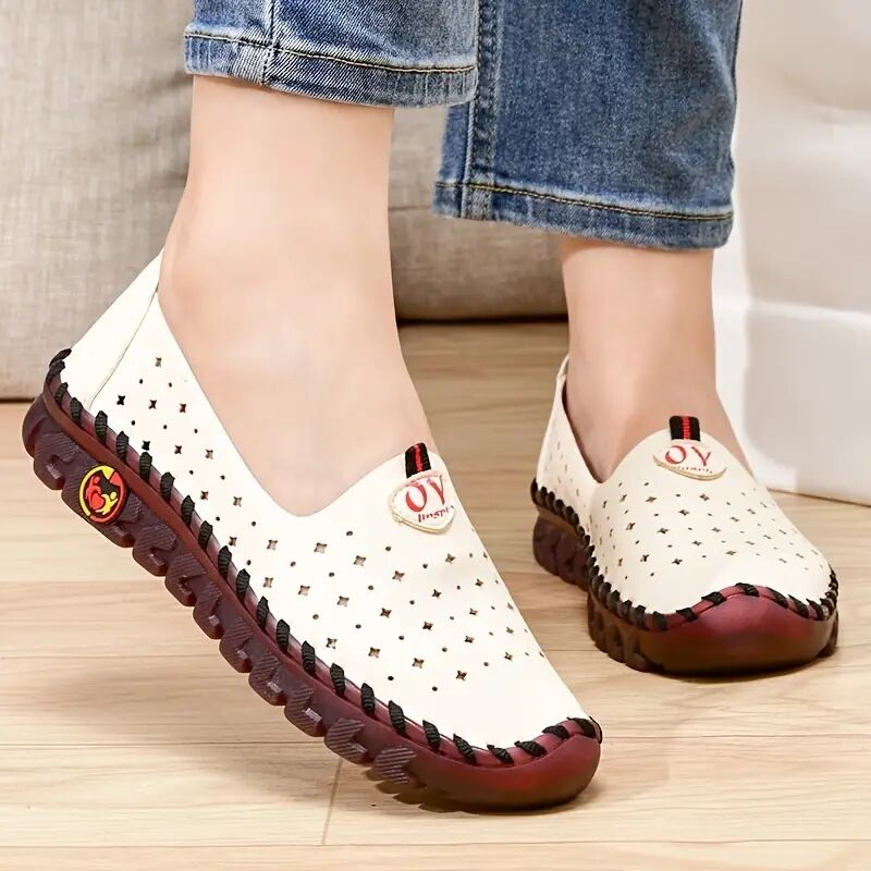 Women's handmade flat loafers in white and red star pattern with hollow out design and non-slip breathable slip-on style. Made of lightweight faux material, comfortable for walking in