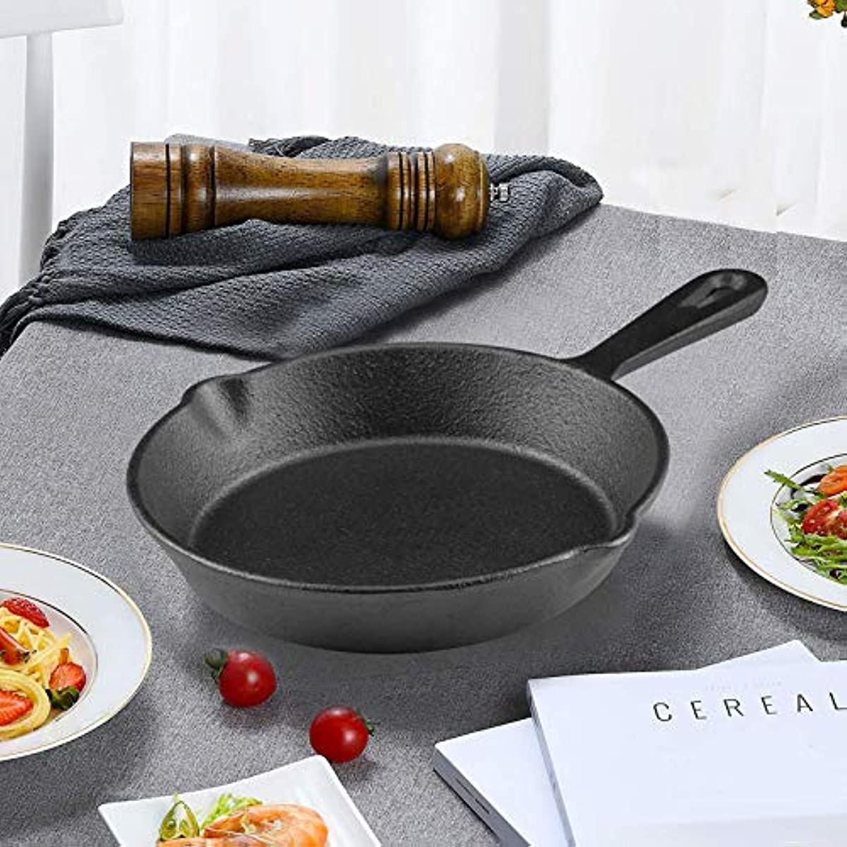 One-piece, 15.24 cm Cast Iron Frying Pan featuring a drip nozzle for easy pouring. Includes pre-treatment oven for safe cooking. Ideal for camping, indoor and outdoor cooking, as well as barbecue safety. Suitable for restaurant chef quality cooking. A