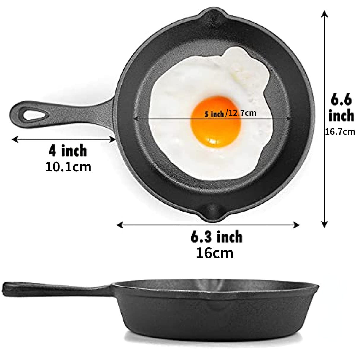 One-piece, 15.24 cm Cast Iron Frying Pan featuring a drip nozzle for easy pouring. Includes pre-treatment oven for safe cooking. Ideal for camping, indoor and outdoor cooking, as well as barbecue safety. Suitable for restaurant chef quality cooking. A