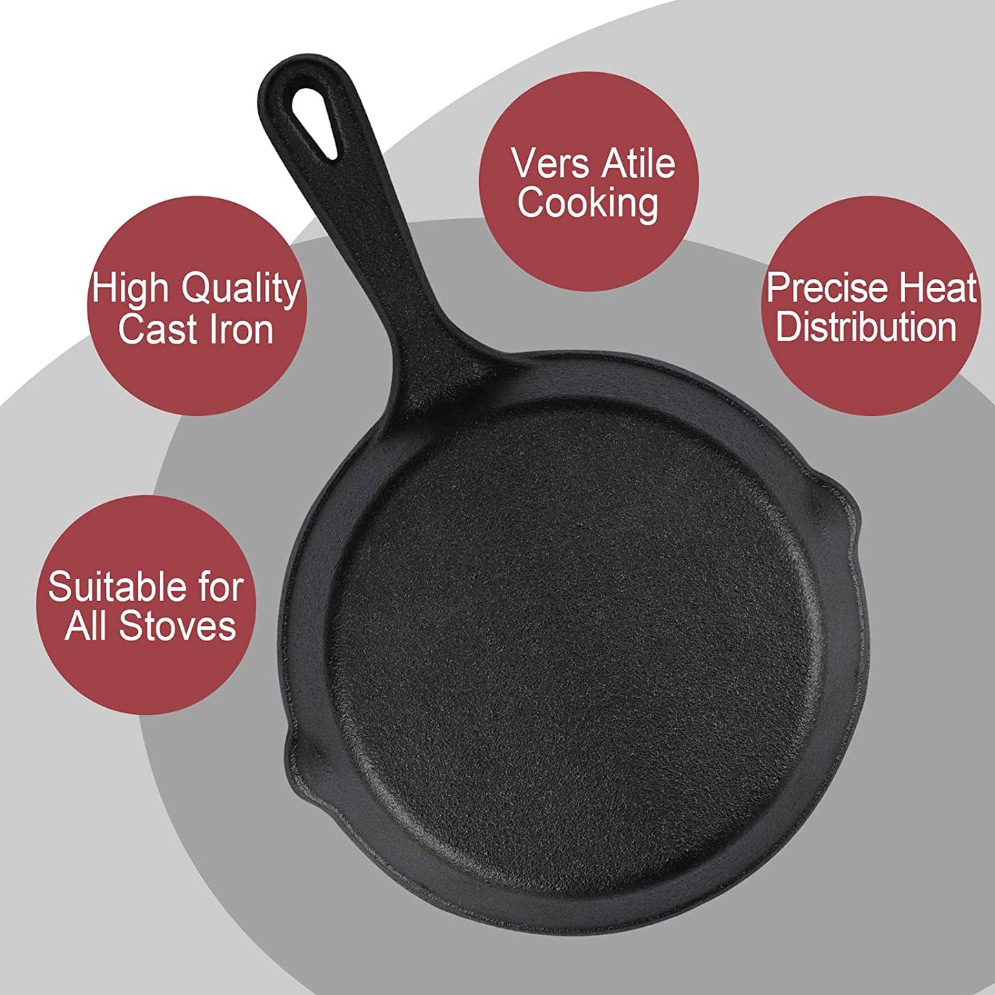 One-piece, 15.24 cm Cast Iron Frying Pan featuring a drip nozzle for easy pouring. Includes pre-treatment oven for safe cooking. Ideal for camping, indoor and outdoor cooking, as well as barbecue safety. Suitable for restaurant chef quality cooking. A