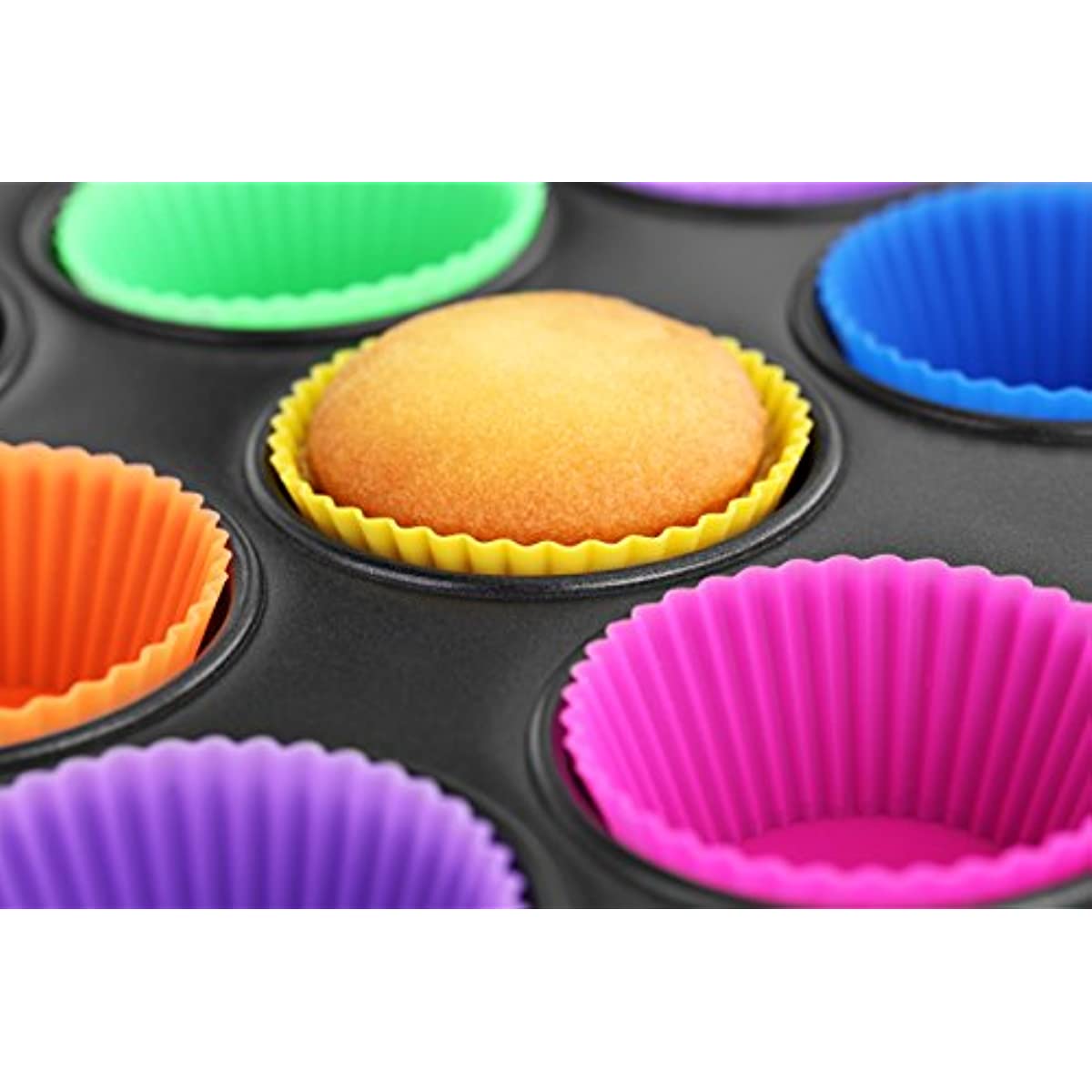 Set of 24 Vibrant Reusable Silicone Baking Cups - BPA-Free, Safe up to 500 F, Dishwasher Friendly - Non-Stick Muffin & Cupcake Liners in Pink, Orange, Yellow, Green, Blue, Purple for Home & Commercial Baking, Silicone Baking Molds with Easy-Release