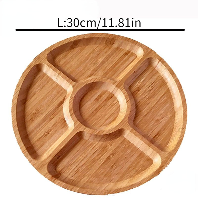 Single wooden cheese board with five grids dividers for serving various foods and snacks, perfect for household and kitchen decoration or for candy wedding storage.