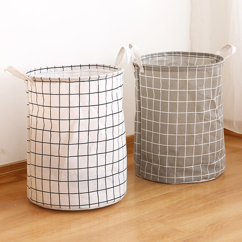 Household Dirty Clothes Basket with Toy Storage Bucket, featuring a stylish plaid fabric made of cotton and linen. This large foldable waterproof storage basket is perfect for the bathroom, bedroom, or nursing room. A thoughtful gift for Christmas