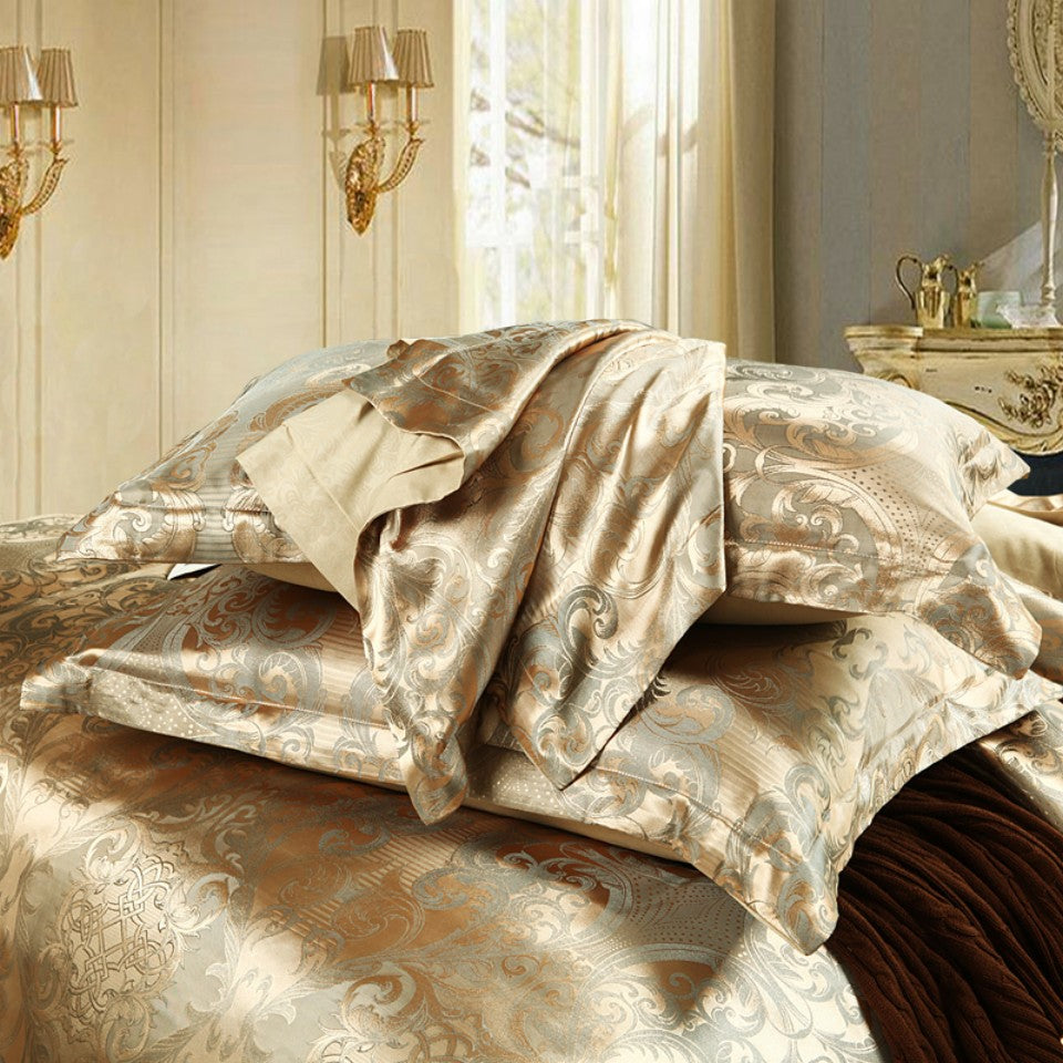 3 piece set includes a luxurious jacquard golden duvet cover and pillowcases, designed for ultimate comfort in your bedroom or guest room. Set includes 1 duvet cover and 1 or 2 pillowcases, core not included.