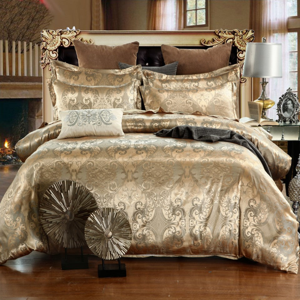 3 piece set includes a luxurious jacquard golden duvet cover and pillowcases, designed for ultimate comfort in your bedroom or guest room. Set includes 1 duvet cover and 1 or 2 pillowcases, core not included.