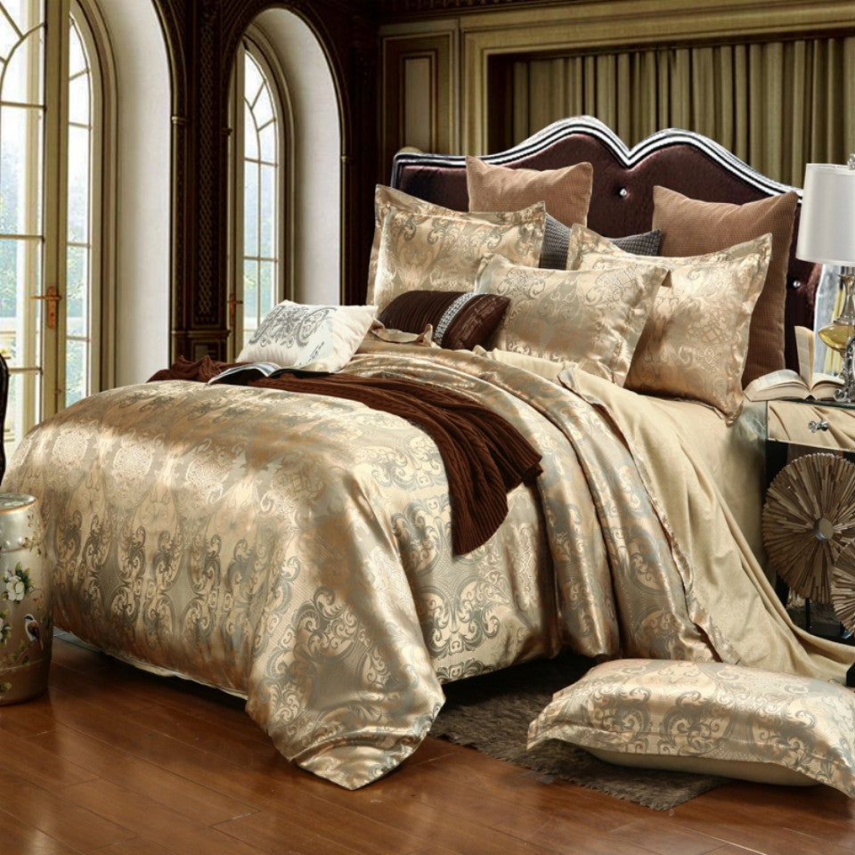 3 piece set includes a luxurious jacquard golden duvet cover and pillowcases, designed for ultimate comfort in your bedroom or guest room. Set includes 1 duvet cover and 1 or 2 pillowcases, core not included.