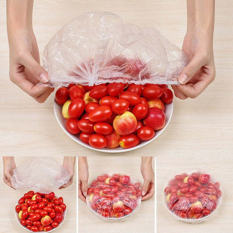 100 pieces of reusable food storage covers bags for bowls, plates, and fruits. These elastic silicone lids are perfect for keeping your food fresh and are great for packing and gift hampers.