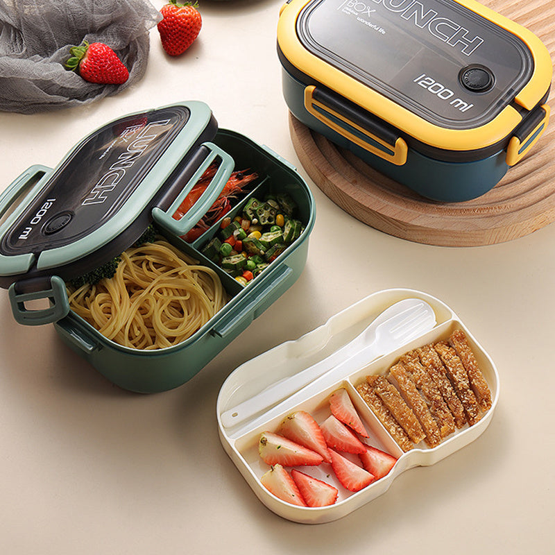 Get ready for back to school with this 1pc Double Layer Lunch Box! This portable 2-compartment fruit food container includes a microwave-safe design and comes with a spoon and fork. Perfect for teenagers and workers, this lunch box is a must-have for