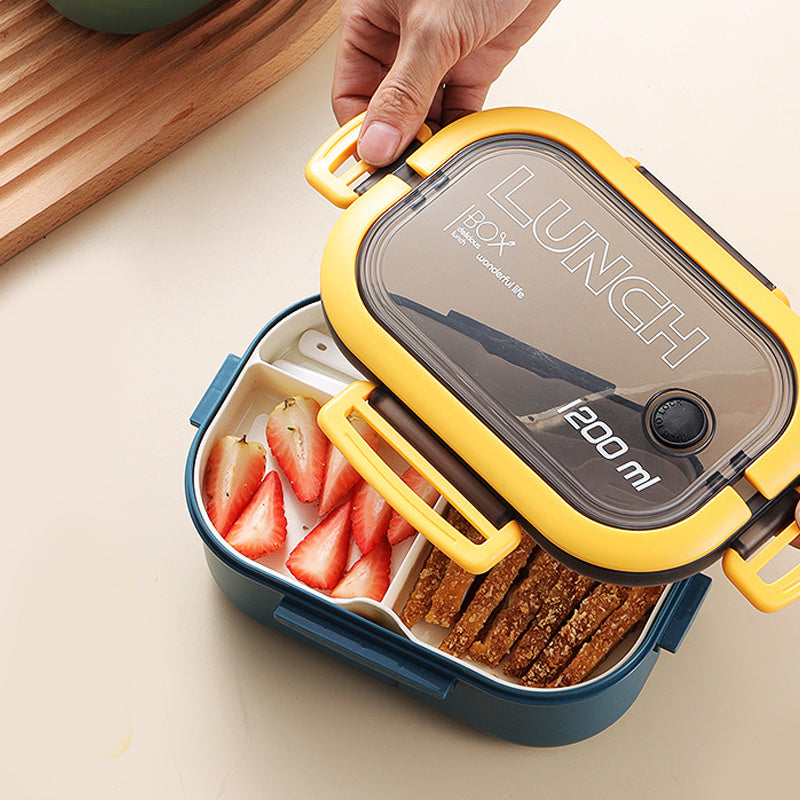 Get ready for back to school with this 1pc Double Layer Lunch Box! This portable 2-compartment fruit food container includes a microwave-safe design and comes with a spoon and fork. Perfect for teenagers and workers, this lunch box is a must-have for