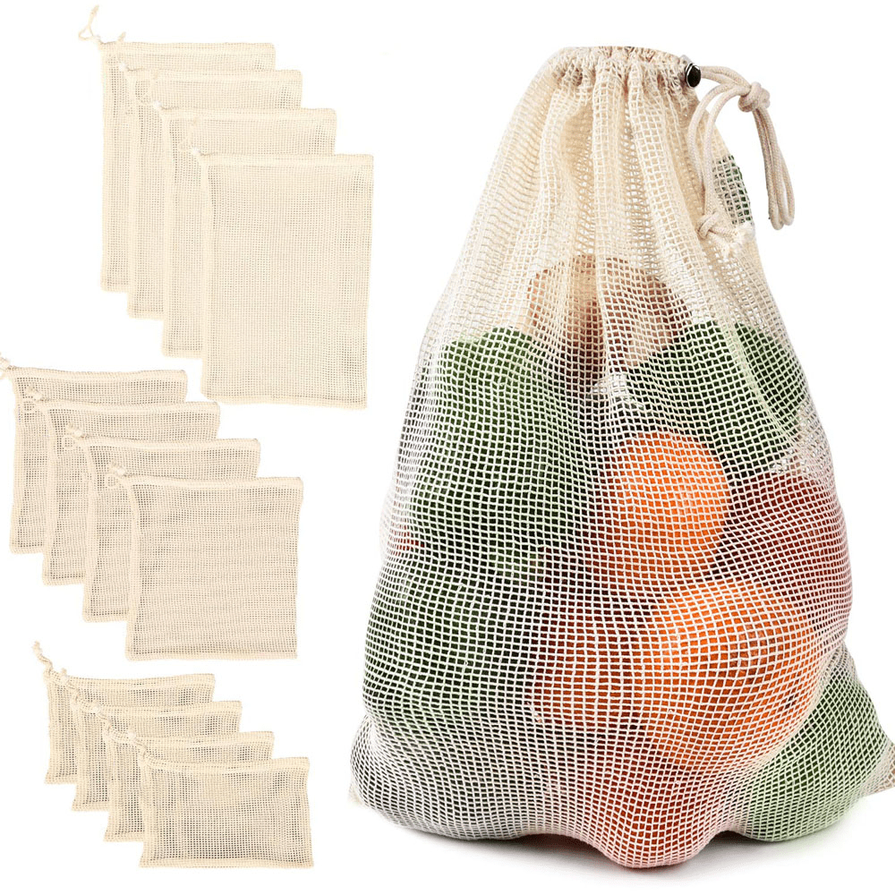 Reusable mesh vegetable bags, ideal for storing produce and gift-giving. Features a drawstring design for convenient access and organization. Great for reducing plastic waste.