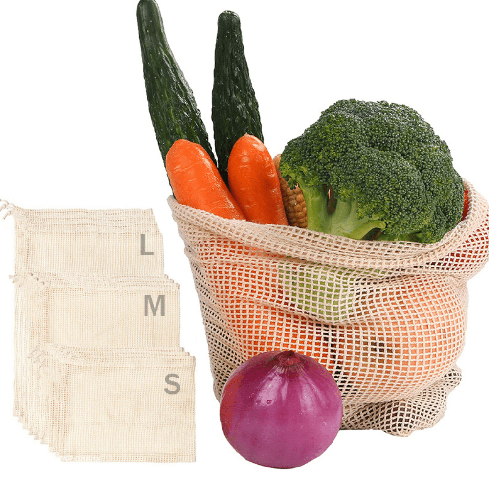 Reusable mesh vegetable bags, ideal for storing produce and gift-giving. Features a drawstring design for convenient access and organization. Great for reducing plastic waste.