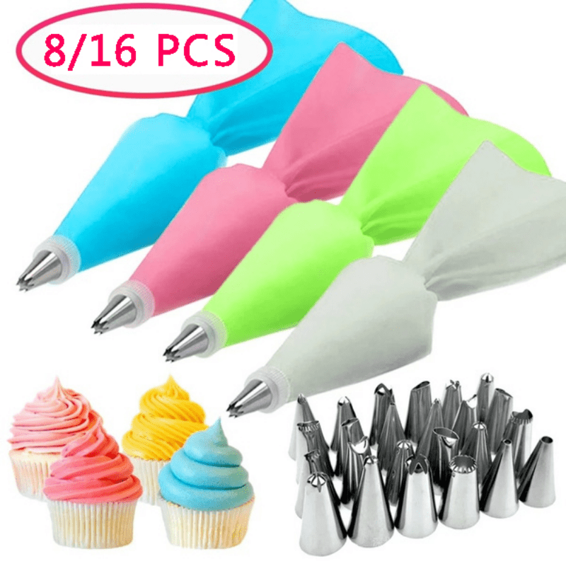 Set of 8/16 pieces of colorful Silicone Pastry Bags and Stainless Steel Nozzles - Simple to clean, long-lasting for decorating cakes at home - Comes with various tips for creating beautiful designs such as roses and chrysanthemums - Ideal for cupcakes