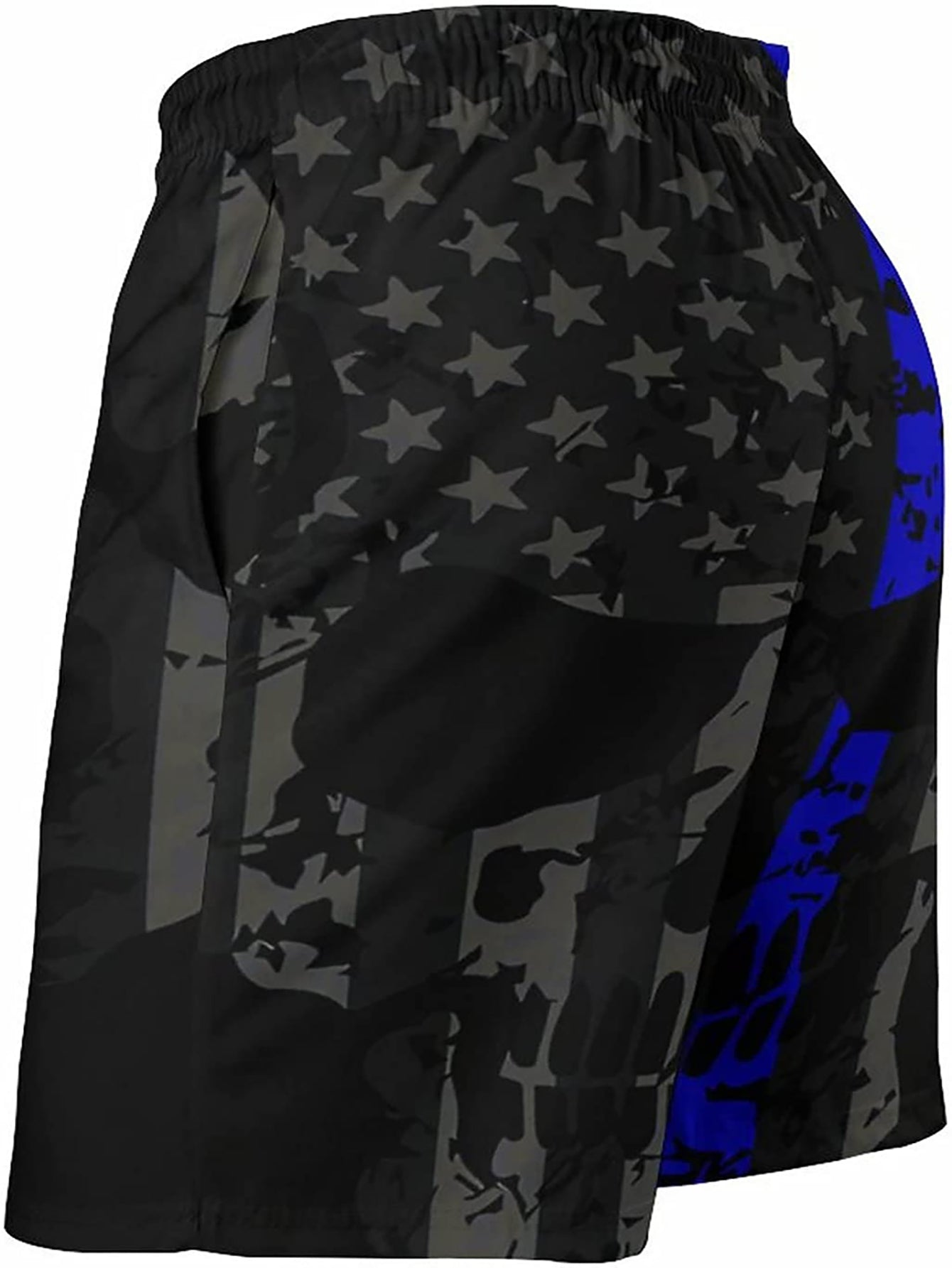 Quick-dry swim trunks for men with American flag design, drawstring, pockets, and in plus size.