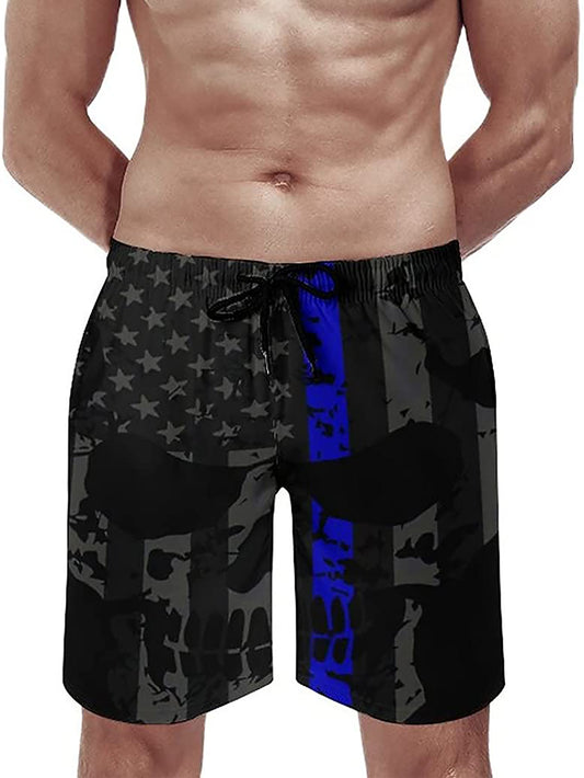 Quick-dry swim trunks for men with American flag design, drawstring, pockets, and in plus size.