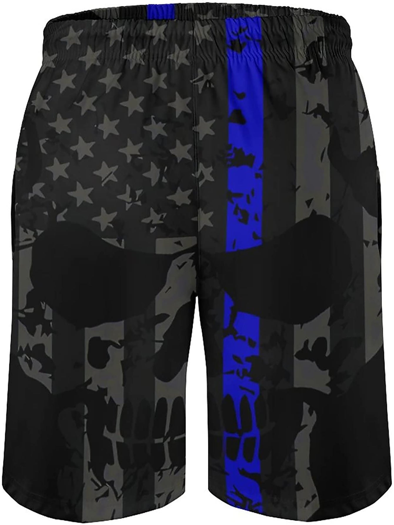 Quick-dry swim trunks for men with American flag design, drawstring, pockets, and in plus size.