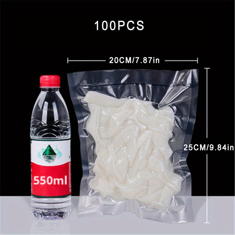 100 pieces of high-quality kitchen vacuum sealer bags in different sizes (10x15, 15x20, 15x25, 17x25, 20x25, 20x30, 25x30, 25x35, 28x35cm) made of durable plastic for maximum freshness. These bags are compatible with all vacuum sealer machines and are