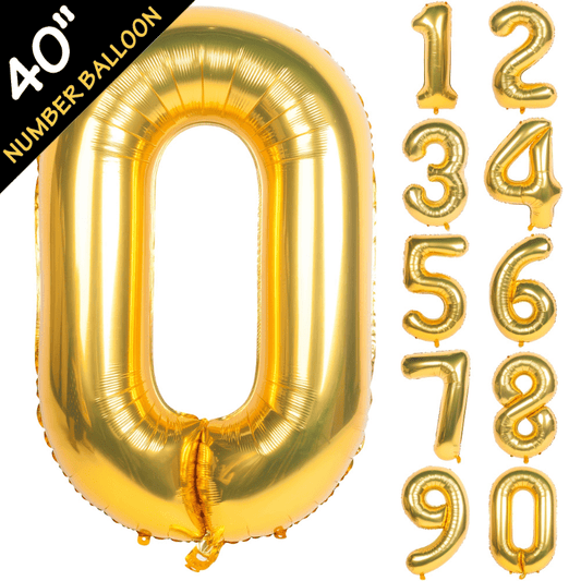 Birthday party decorations featuring a 40-inch golden large digit helium foil mylar balloon, photo balloon, and party supplies for weddings and aesthetic room decor.