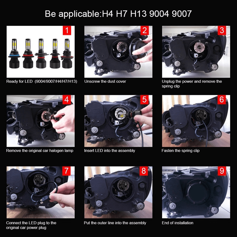 New 4 Sides LED Car Headlight Kit for H4, H7, H8, H11, 9005, 9006, and H13.