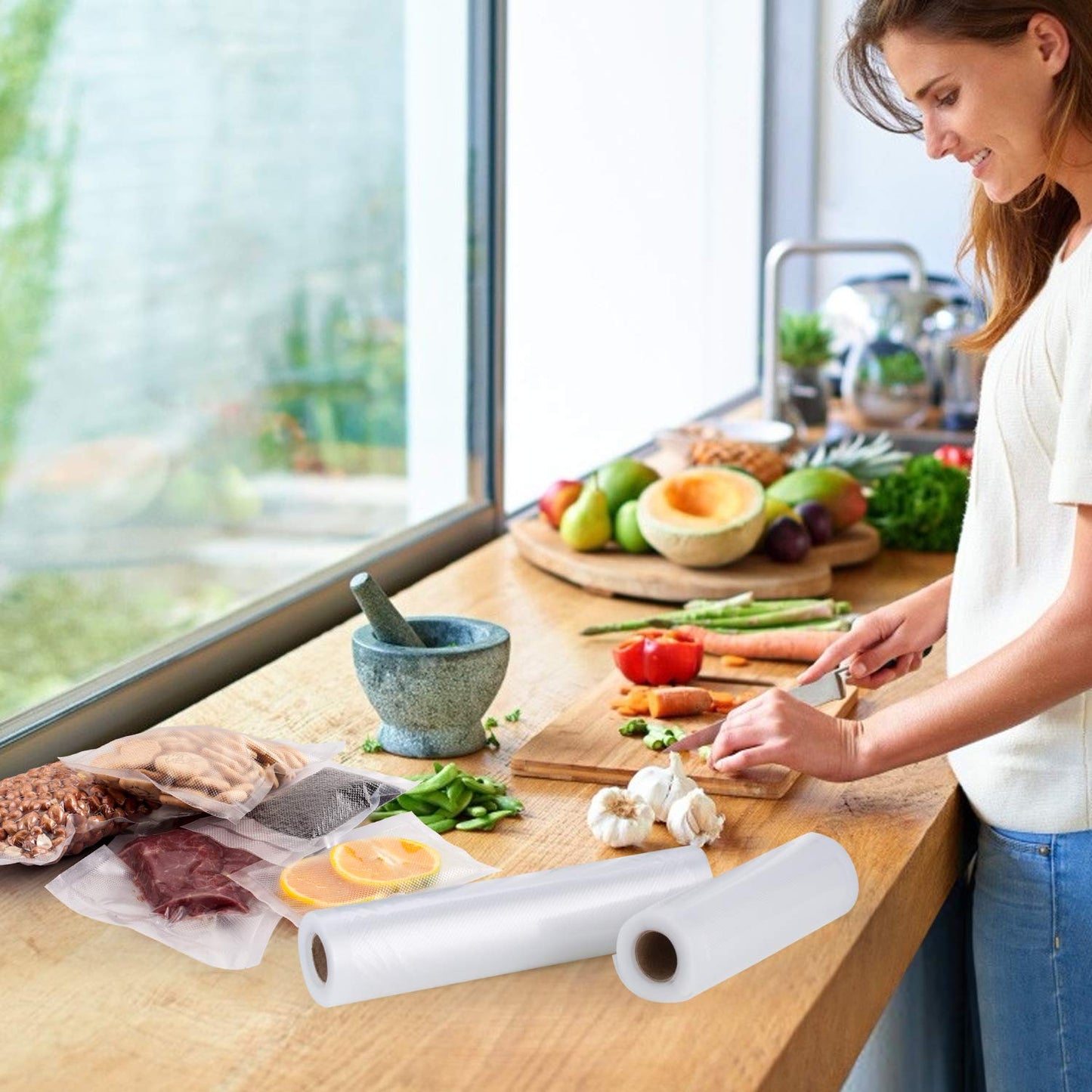 Preserve freshness and extend shelf life in the home kitchen with a roll of Food Vacuum Bags for Vacuum Sealer Machine. Ideal for preserving food and kitchen supplies.