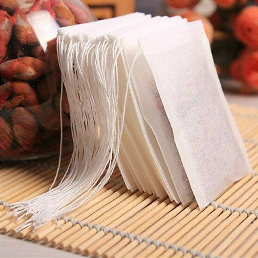 Package of 100 Food Grade Non-woven Fabric Tea Bags with String, Heat Seal, Perfect for Spice Tea Infusing and Filtering