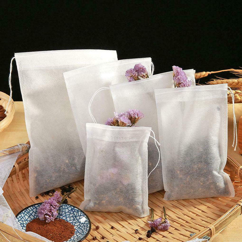 Package of 100 Food Grade Non-woven Fabric Tea Bags with String, Heat Seal, Perfect for Spice Tea Infusing and Filtering