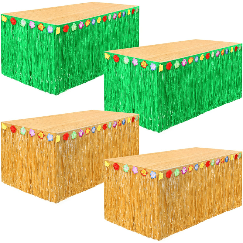 1 piece of Luau Grass Table Skirt Natural Hawaiian Table Skirt measuring 274.32x74.93 cm for Tropical Hawaiian Party Decorations, Luau Party, Costume Party in Straw Yellow Green color.