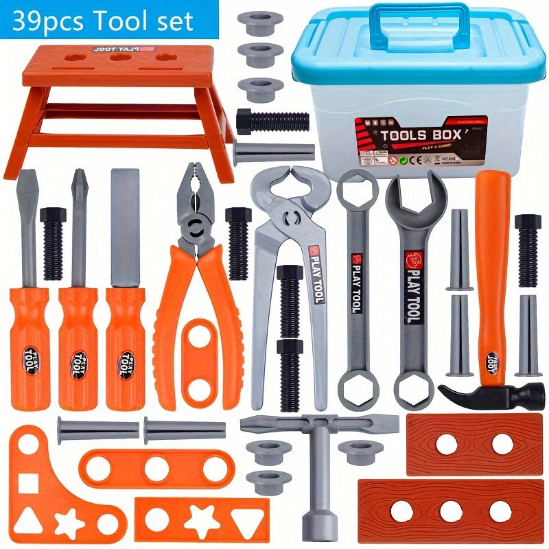 Children's Tool Set including a tool box, electric toy drill, and pretend play building toy set for boys and girls, perfect as birthday gifts.