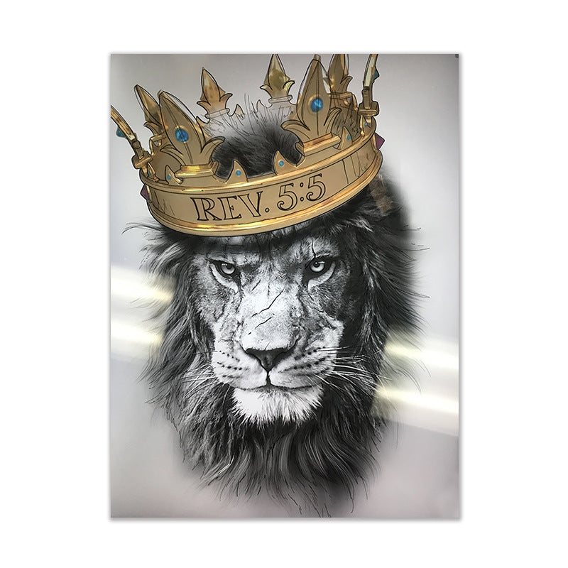 Abstract animal canvas painting of a lion wearing a crown for bedroom decor - unframed wall art poster.