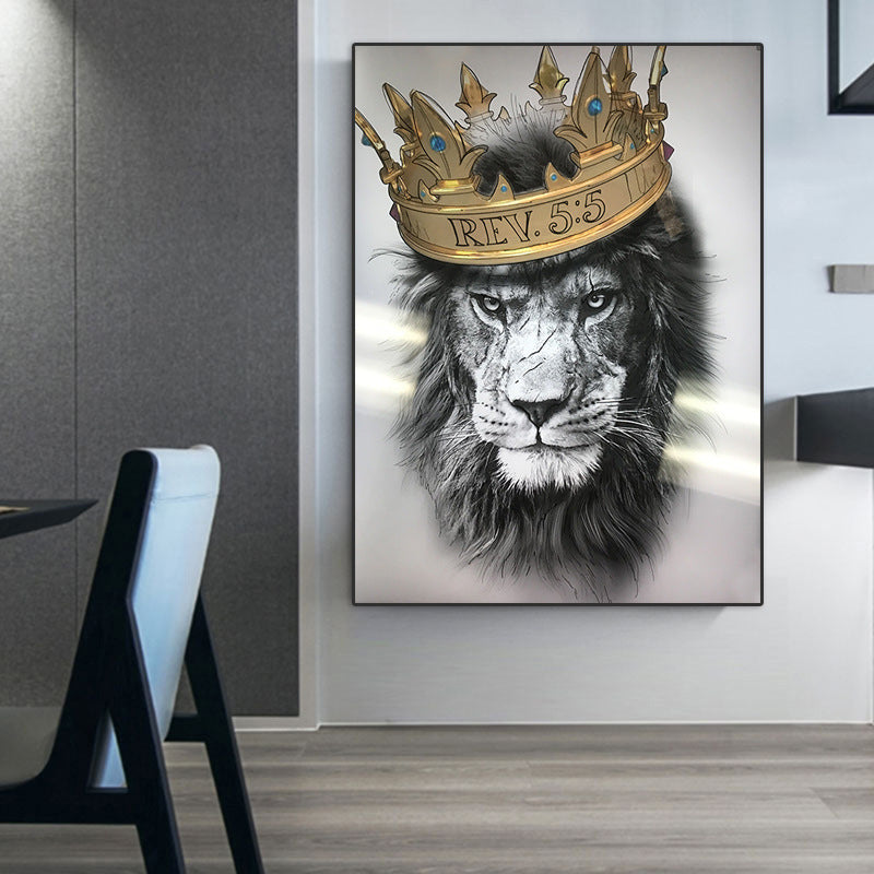 Abstract animal canvas painting of a lion wearing a crown for bedroom decor - unframed wall art poster.