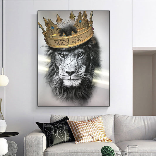 Abstract animal canvas painting of a lion wearing a crown for bedroom decor - unframed wall art poster.