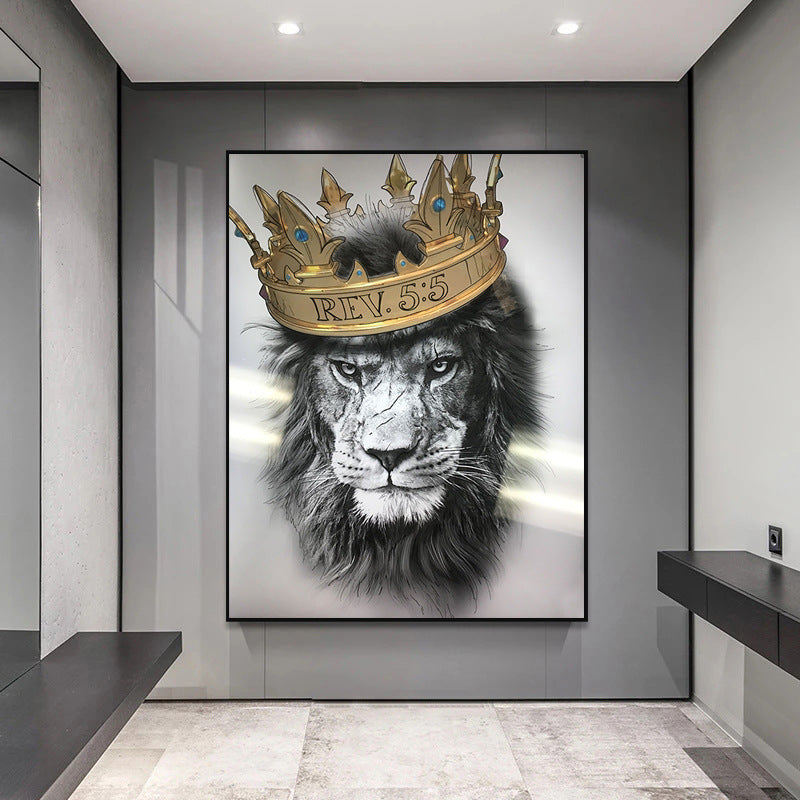 Abstract animal canvas painting of a lion wearing a crown for bedroom decor - unframed wall art poster.