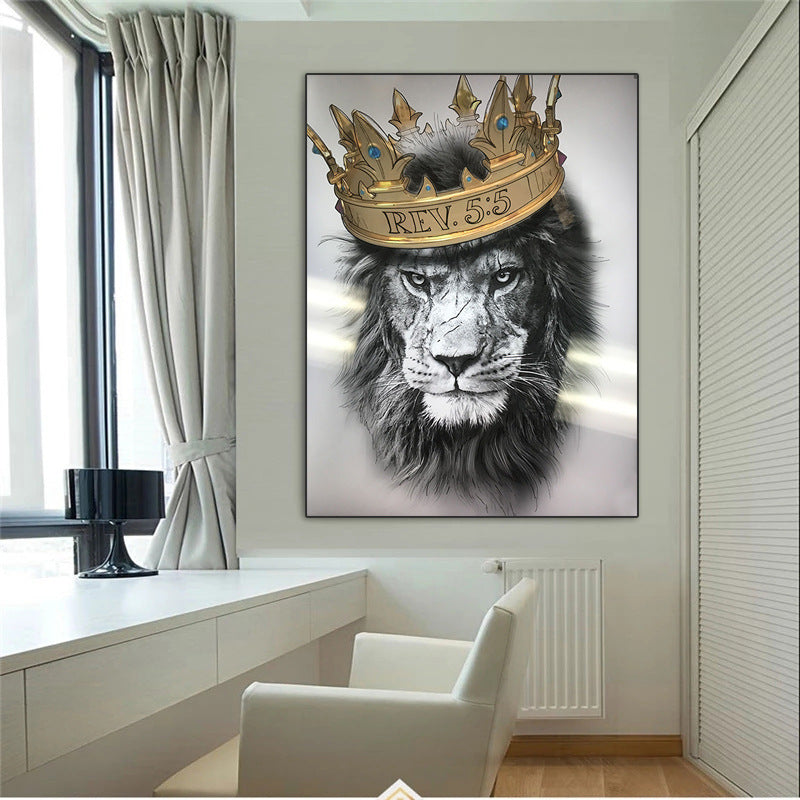 Abstract animal canvas painting of a lion wearing a crown for bedroom decor - unframed wall art poster.