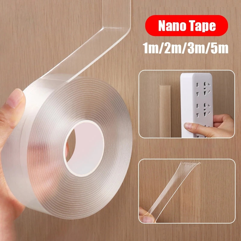 Washable double-sided transparent nano tape for various uses in home and office.