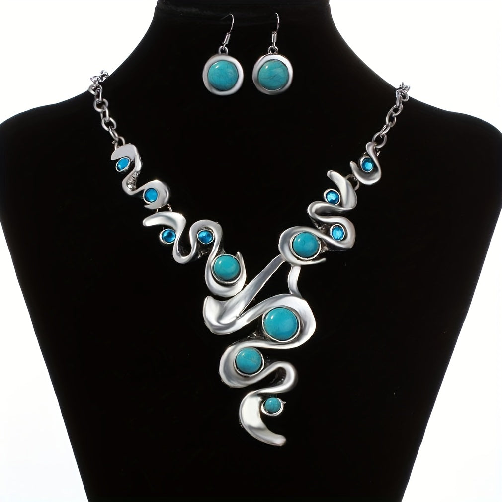 Alloy Necklace and Drop Earrings Combo in Vintage Boho Style with Turquoise Zirconia for Both Casual and Formal Events