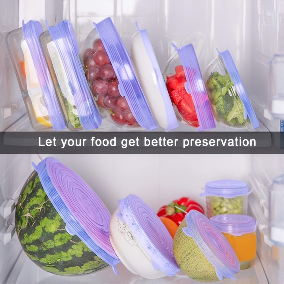 Reusable Silicone Stretch Lids Set of 6 - Leak-Proof and Long-Lasting Food Covers in Various Sizes, Compatible with Most Containers, Safe for Microwave Use, Effortless Cleaning, Ideal for Keeping Fresh Fruits and Vegetables Fresh, Silicone Food Storage