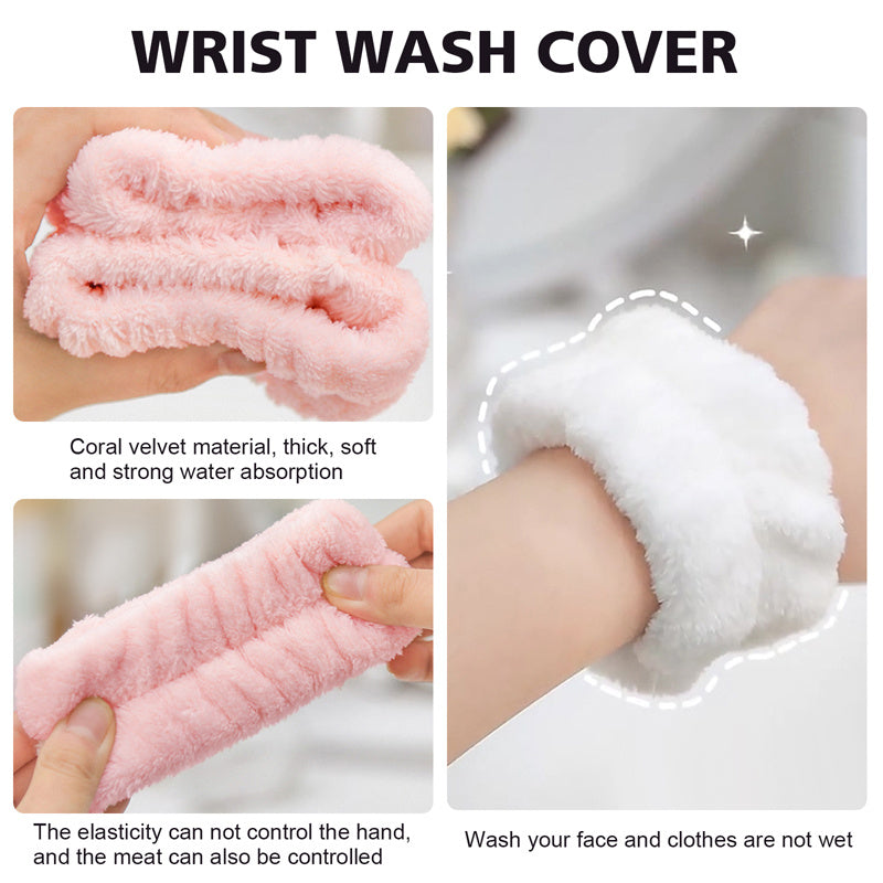 Set of 2 solid color face wash wristbands made of soft ultrafine fiber towel material. Absorbent and convenient for facial cleaning to avoid dampness. Bathroom accessory.