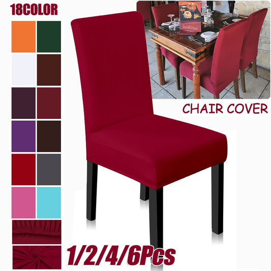 Solid color chair covers in sets of 2, 4, or 6. Made of spandex stretch elastic material for kitchen, dining room, wedding banquet, hotel, or home decor.