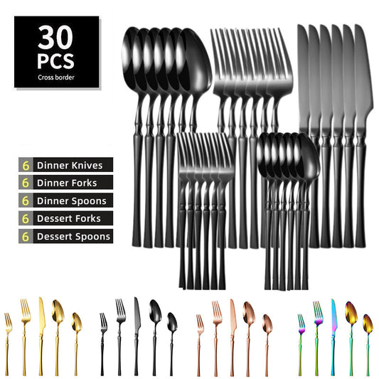 30-piece golden cutlery set with slim waist design, made of stainless steel and dishwasher safe.