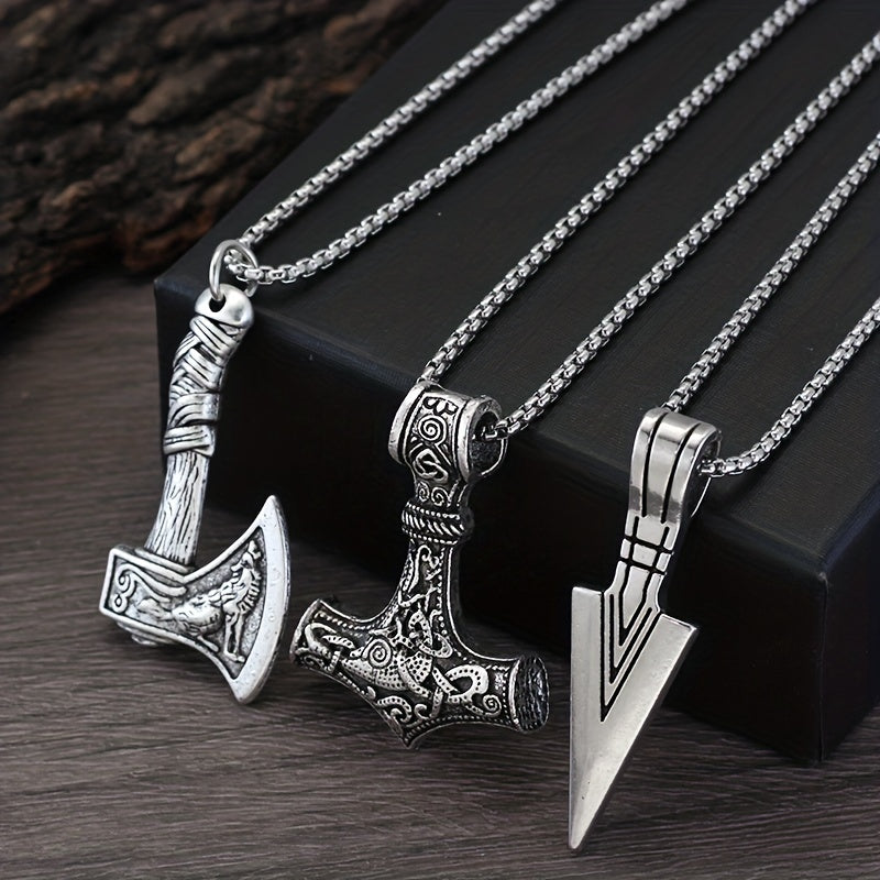 Men's Viking Necklace Set with 3 Pieces - includes Viking Hammer, Nordic Compass, Celtic Knot, Wolf Axe Pendants. This Nordic Amulet Pendant Necklace makes the perfect holiday jewelry gift.