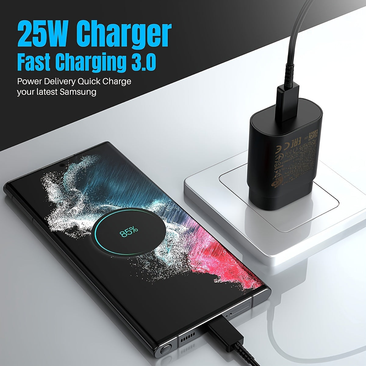 Зарядное устройство Samsung Быстрая зарядка 25W с USB C настенным зарядным устройством и кабелем Type C для Samsung/S23/S22/S21/S20/Ultra/Plus/FE, Note 20/10, A54/A53, iPhone15/16