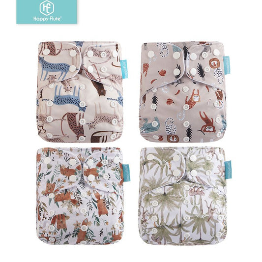 Set of four washable and adjustable cloth diapers made from eco-friendly materials, suitable for babies weighing 3-15kg.