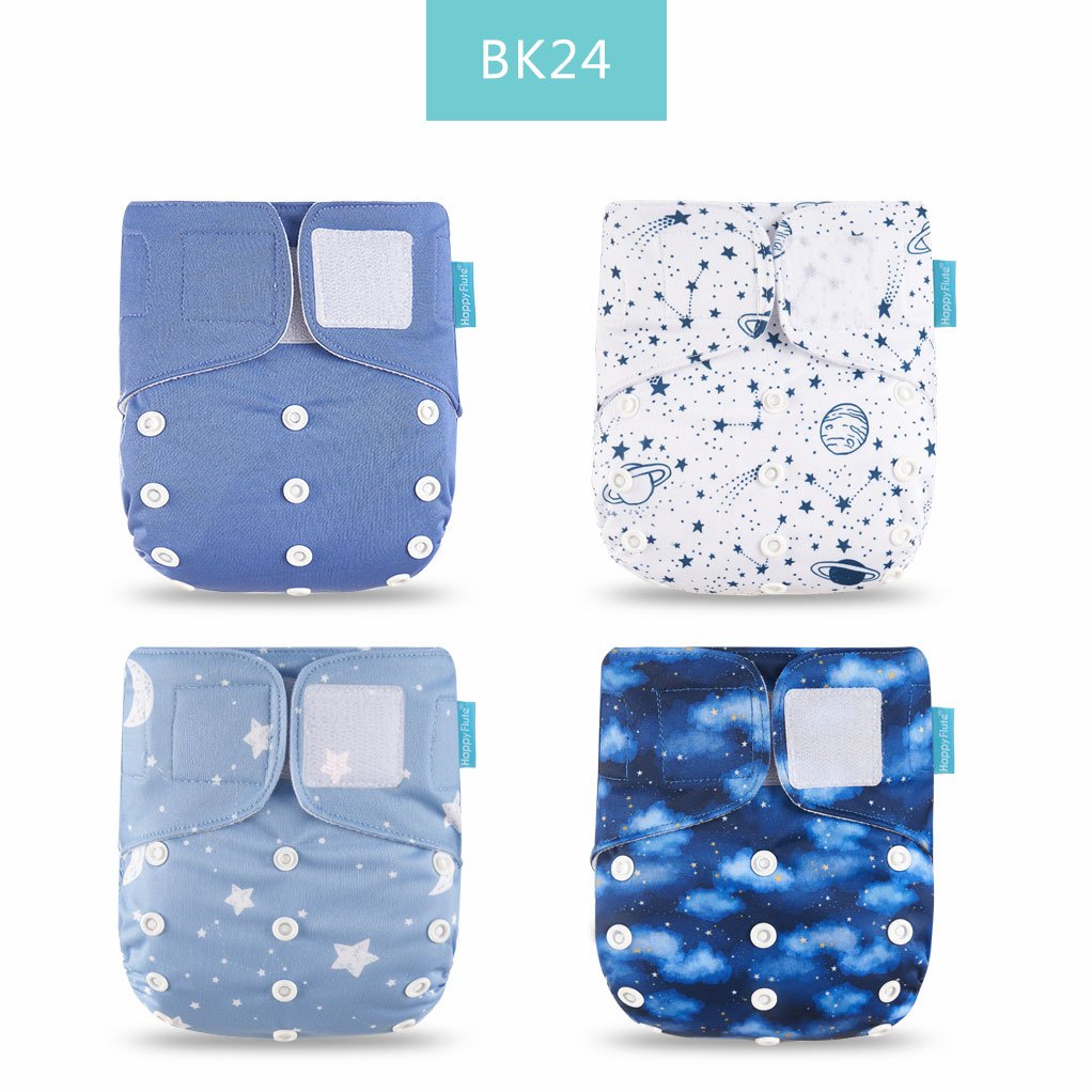 Set of four washable and adjustable cloth diapers made from eco-friendly materials, suitable for babies weighing 3-15kg.