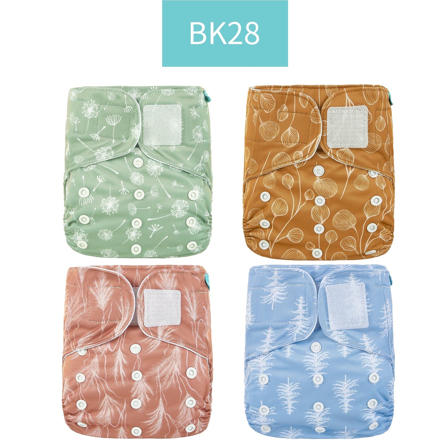 Set of four washable and adjustable cloth diapers made from eco-friendly materials, suitable for babies weighing 3-15kg.