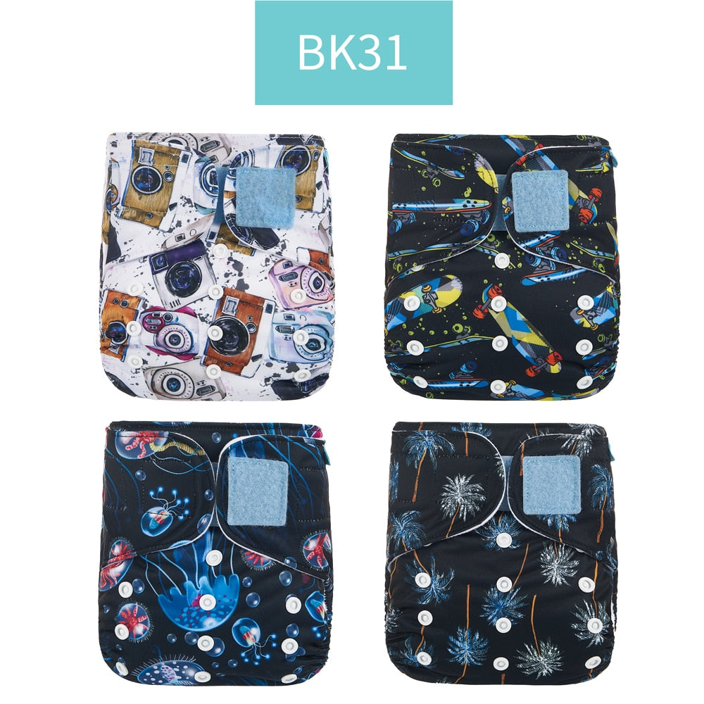 Set of four washable and adjustable cloth diapers made from eco-friendly materials, suitable for babies weighing 3-15kg.